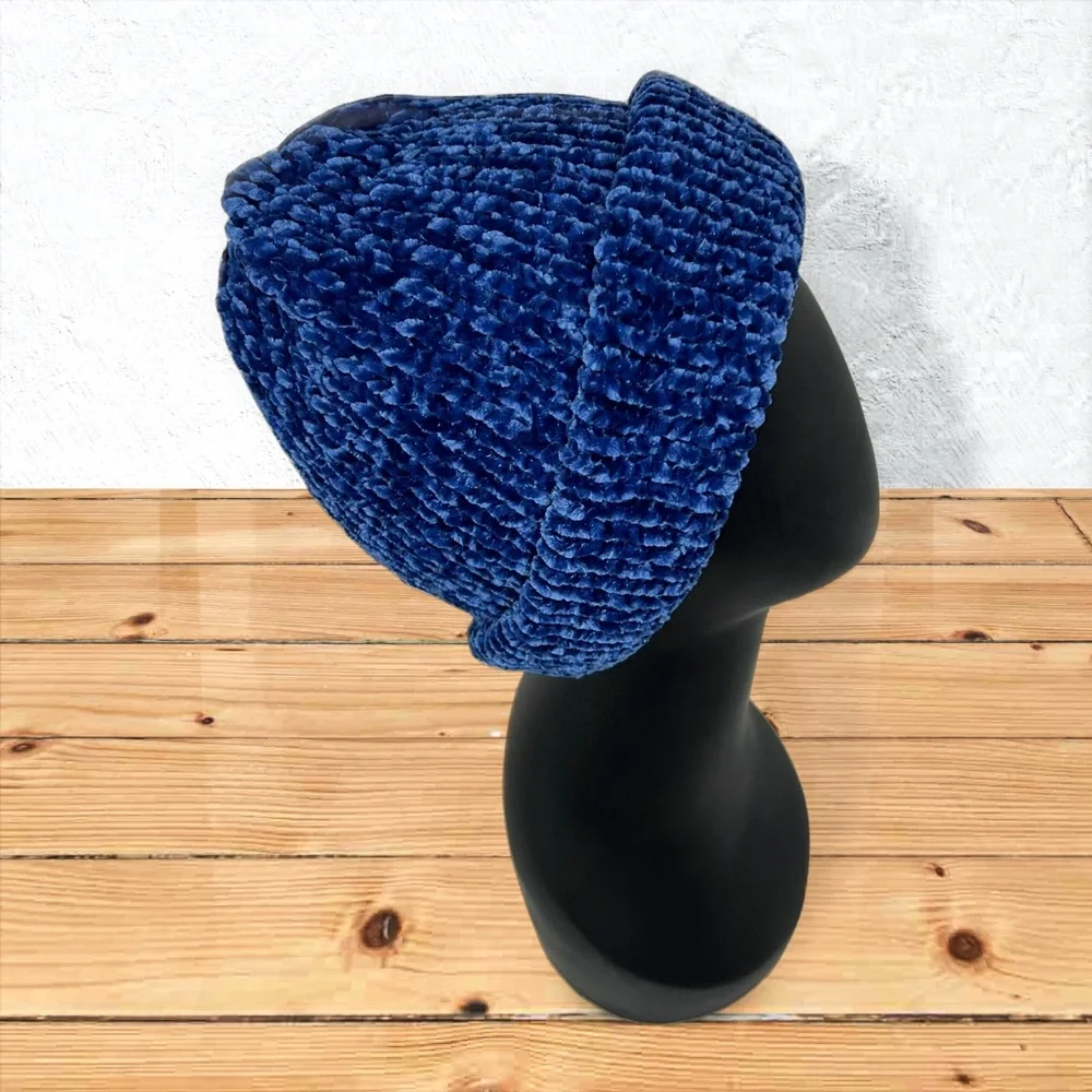 Handmade Super Soft Velvet Knit Beanie Handcrafted Hat Navy - Picture 4 of 11